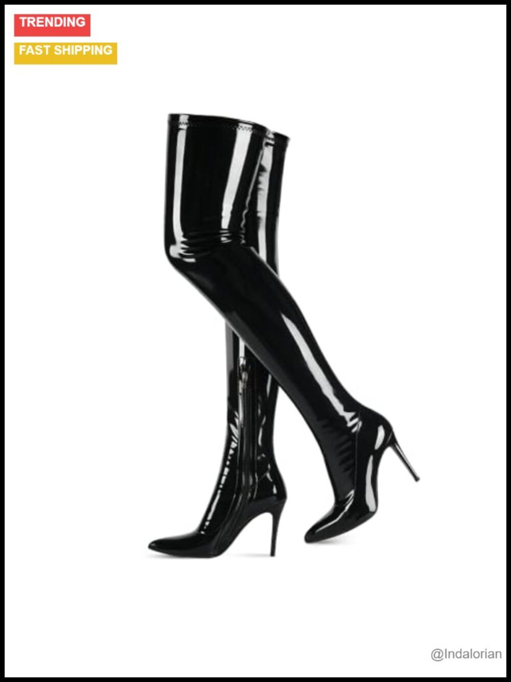 Patent Leather PU Thigh High Boots Pointy Toe Stiletto Heel Side Zip Party